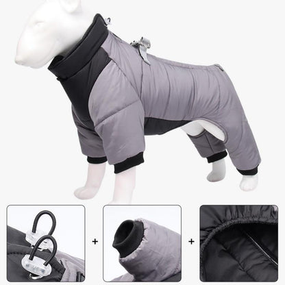 M Size Orange Winter Waterproof Dog 4 Leg Jumpsuit for Full Body Warmth - Reflective Windproof Pet Puffer Coat with Integrated Harness