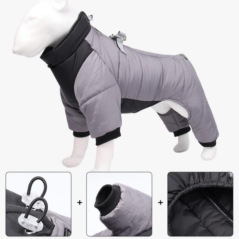 XL Size Yellow Winter Waterproof Dog 4 Leg Jumpsuit for Full Body Warmth - Reflective Windproof Pet Puffer Coat with Integrated Harness