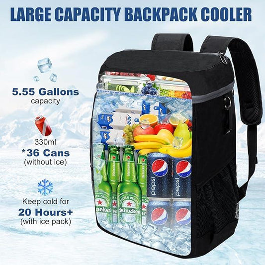 Black 5.55 Gallons Large Insulated Picnic Backpack with Multi Pockets & Leak-Proof Interior - Multifunctional Waterproof Thermal Lunch Bag for Camping, Hiking & Outdoor Travel