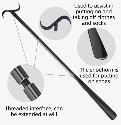 2-Pack White Blue Portable Dressing Aid Stick & Long-Handled Shoe Horn (3-Section Detachable) - Adjustable 62cm-88cm Dressing Hook for Seniors & Limited Mobility