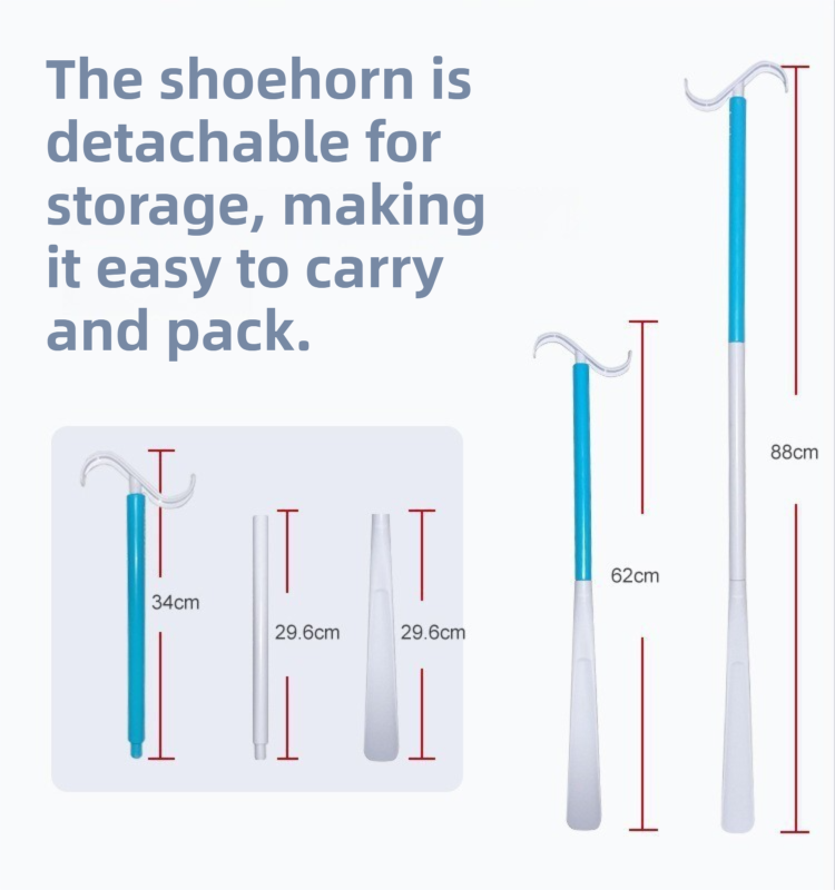 2-Pack White Blue Portable Dressing Aid Stick & Long-Handled Shoe Horn (3-Section Detachable) - Adjustable 62cm-88cm Dressing Hook for Seniors & Limited Mobility