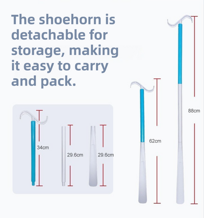 2-Pack White Blue Portable Dressing Aid Stick & Long-Handled Shoe Horn (3-Section Detachable) - Adjustable 62cm-88cm Dressing Hook for Seniors & Limited Mobility