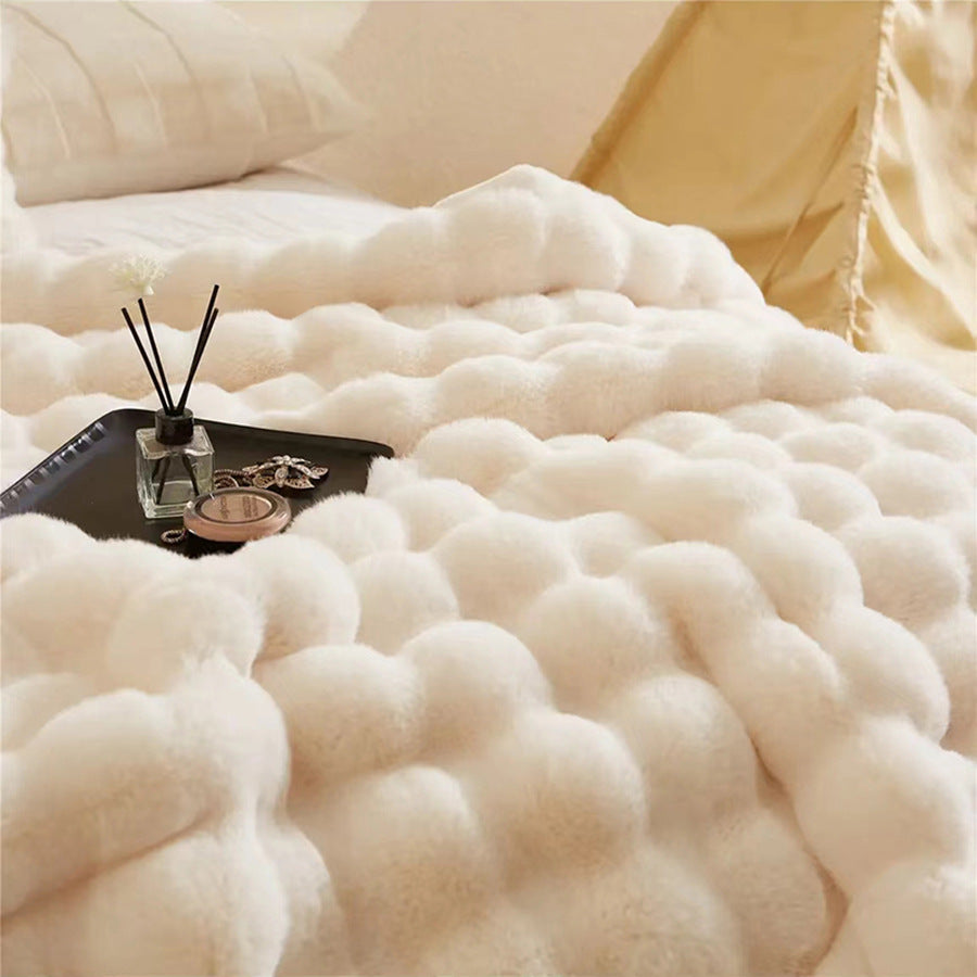 2-Pack White Luxury Tuscany Fleece Rabbit Fur Bubble Blanket (45 x 45 CM) - Double-Sided Thickened Soft Plush Bedding & Cushion Cover