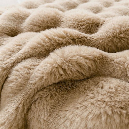 Brown Luxury Tuscany Fleece Rabbit Fur Bubble Blanket - Double-Sided Thickened Soft Plush Extra Large Bedding Set(200x230 CM Large Blanket + 2 Pack 45x45 CM Cushion Cover)