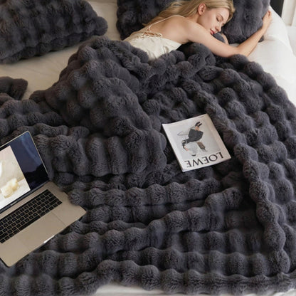 Black Grey Luxury Tuscany Fleece Rabbit Fur Bubble Blanket - Double-Sided Thickened Soft Plush Large Bedding Set(180x200 CM Large Blanket + 2 Pack 45x45 CM Cushion Cover)