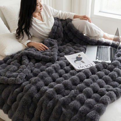 Black Grey Luxury Tuscany Fleece Rabbit Fur Bubble Blanket - Double-Sided Thickened Soft Plush Large Bedding Set(180x200 CM Large Blanket + 2 Pack 45x45 CM Cushion Cover)