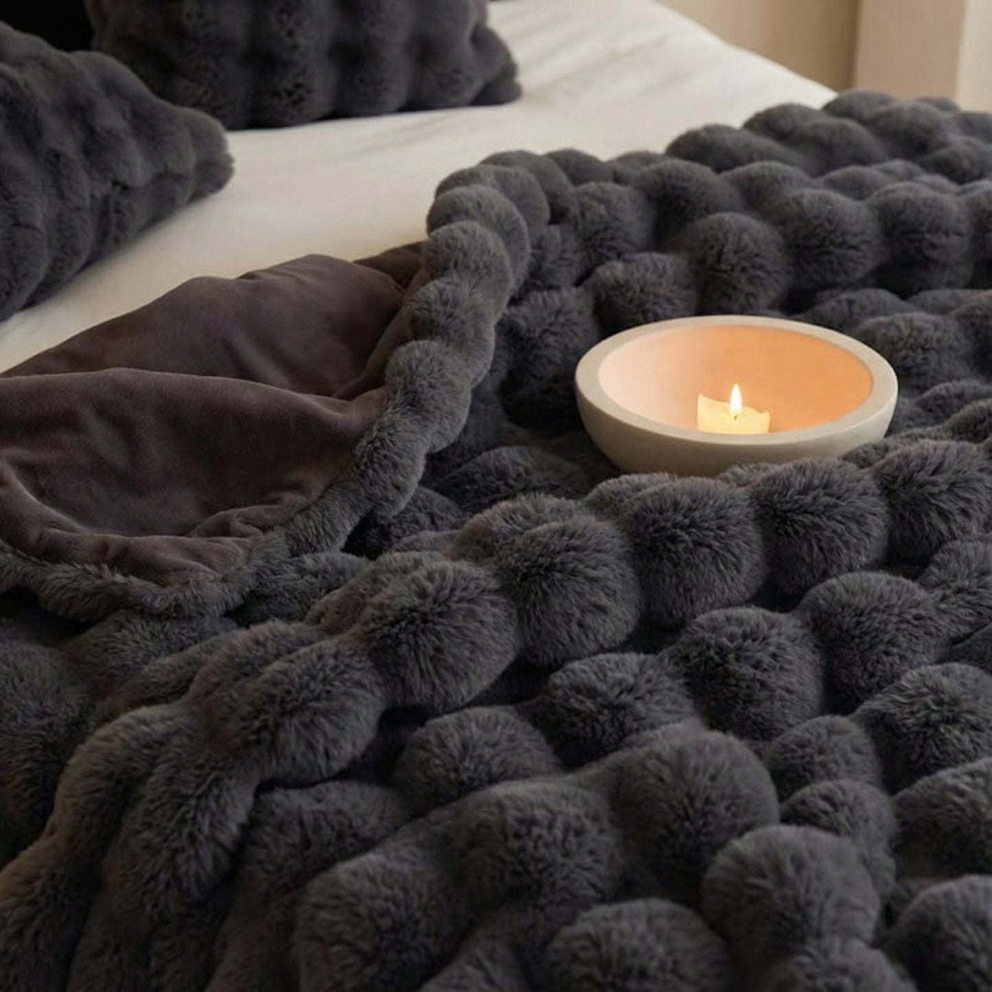 Black Grey Luxury Tuscany Fleece Rabbit Fur Bubble Blanket - Double-Sided Thickened Soft Plush Extra Large Bedding Set(200x230 CM Large Blanket + 2 Pack 45x45 CM Cushion Cover)