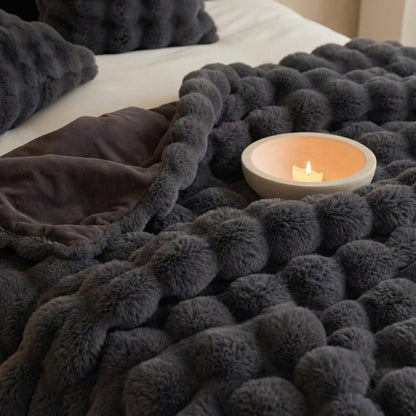 Black Grey Luxury Tuscany Fleece Rabbit Fur Bubble Blanket - Double-Sided Thickened Soft Plush Extra Large Bedding Set(200x230 CM Large Blanket + 2 Pack 45x45 CM Cushion Cover)