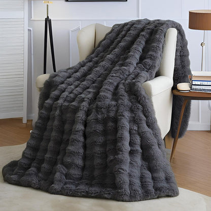 Black Grey Luxury Tuscany Fleece Rabbit Fur Bubble Blanket - Double-Sided Thickened Soft Plush Extra Large Bedding Set(200x230 CM Large Blanket + 2 Pack 45x45 CM Cushion Cover)