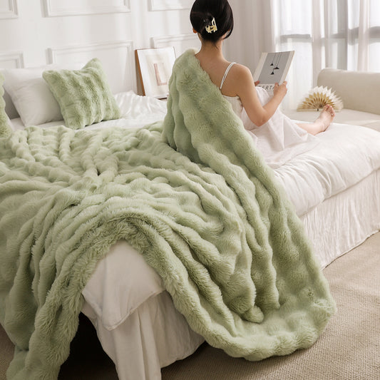 Green Luxury Tuscany Fleece Rabbit Fur Bubble Blanket - Double-Sided Thickened Soft Plush Extra Large Bedding Set(200x230 CM Large Blanket + 2 Pack 45x45 CM Cushion Cover)