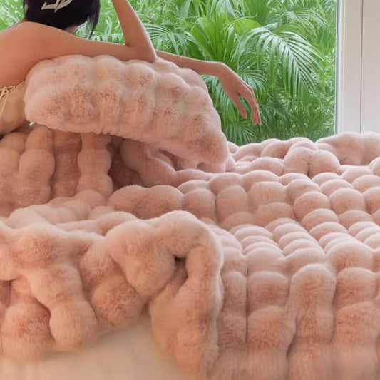 Pink Luxury Tuscany Fleece Rabbit Fur Bubble Blanket (140 x 200 CM) - Double-Sided Thickened Soft Plush Bedding & Sofa Throw