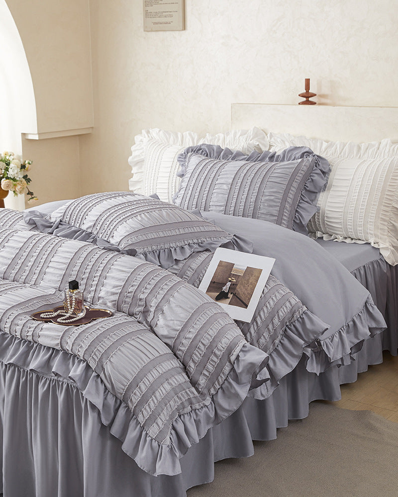 Grey Elegant Ruffle Seersucker Duvet Cover with 2PCS Pillow Shams - 3-Piece Vertical Stripe Clipped Floral Textured Bedding (Full Size 200 x 229 CM)