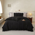 Black Elegant Ruffle Seersucker Duvet Cover with 2PCS Pillow Shams - 3-Piece Vertical Stripe Clipped Floral Textured Bedding (Full Size 200 x 229 CM)