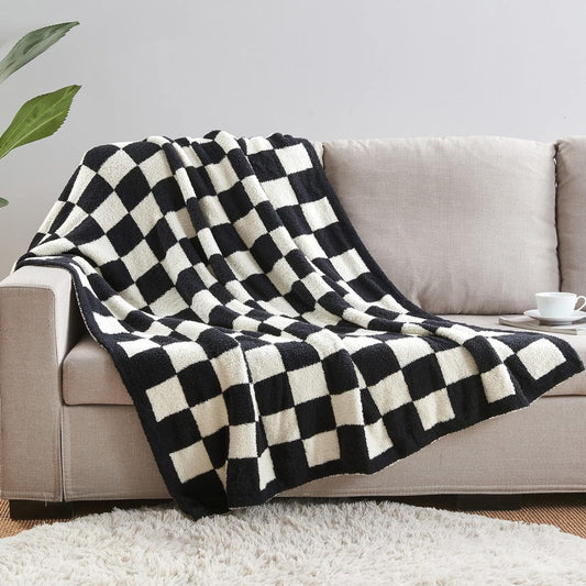 Black and White Premium Knitted Checkerboard Throw Blanket(130 x 150 CM) - Soft Half-Velvet Fleece Nap Blanket, Couch Throw & Office Decorative Wrap
