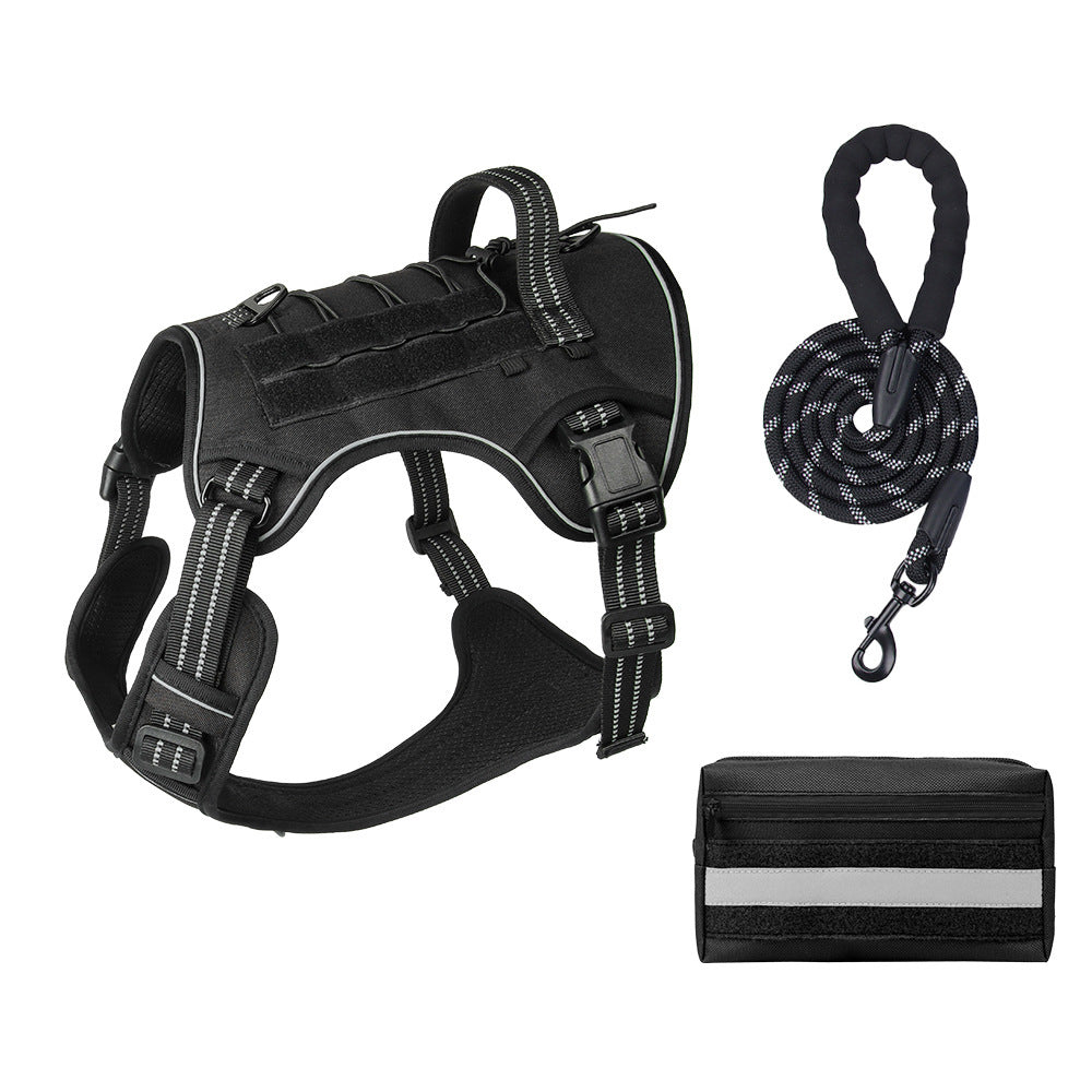 3-Piece Black Tactical Dog Harness Set (M Size) - Heavy Duty No-Pull Vest with Detachable Tactical Pouch & Climbing Rope Leash