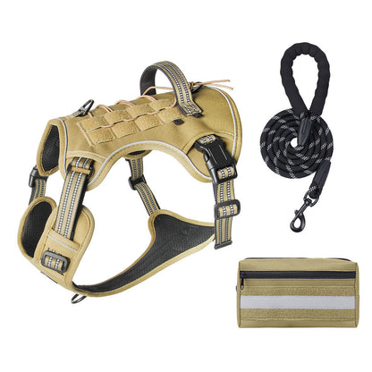 3-Piece Khaki Tactical Dog Harness Set (XL Size) - Heavy Duty No-Pull Vest with Detachable Tactical Pouch & Climbing Rope Leash