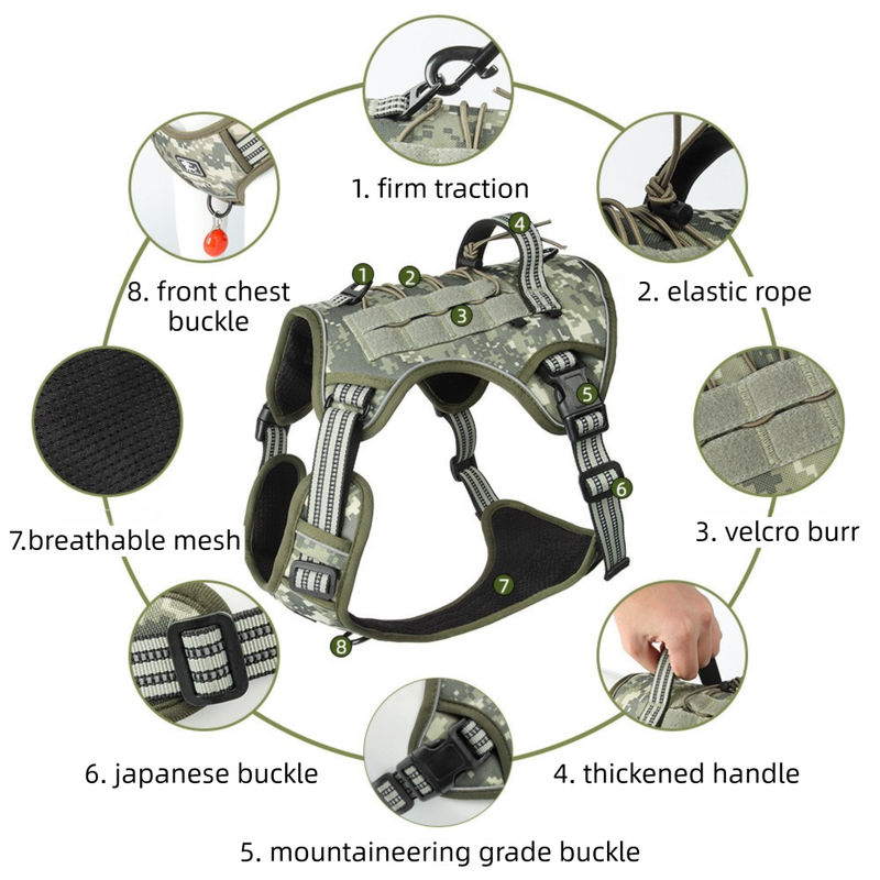 3-Piece Khaki Tactical Dog Harness Set (XL Size) - Heavy Duty No-Pull Vest with Detachable Tactical Pouch & Climbing Rope Leash