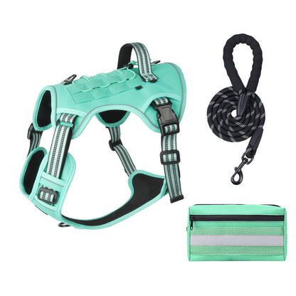 3-Piece Green Tactical Dog Harness Set (XL Size) - Heavy Duty No-Pull Vest with Detachable Tactical Pouch & Climbing Rope Leash