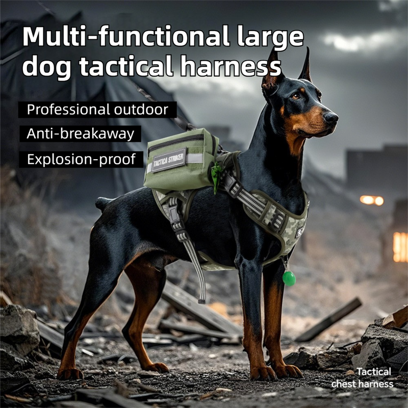 3-Piece Green Tactical Dog Harness Set (XL Size) - Heavy Duty No-Pull Vest with Detachable Tactical Pouch & Climbing Rope Leash