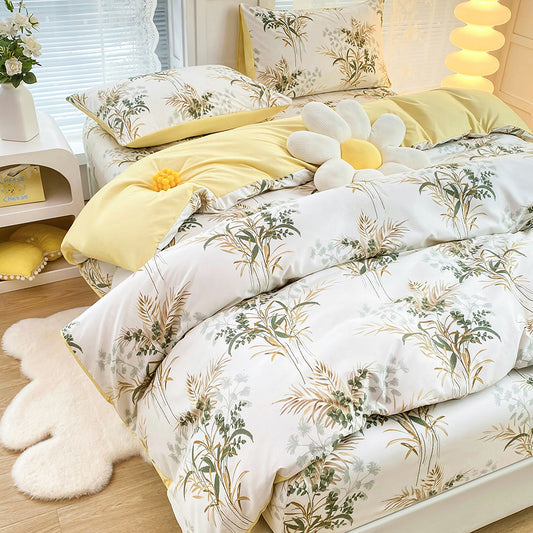 4-Piece Elegant Green Bouquet Printed Soft-Touch Brushed Bedding Set for 1.8M Bed: 200 x 230 CM Duvet Cover, 180 x 200 (+25) CM Deep Pocket Fitted Sheet & 2PC 50 x 75 CM Pillowcases