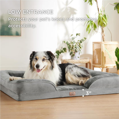 Grey Waterproof Egg-Crate Foam Therapeutic Pet Sofa Bed and Fleece Lounge (M Size 74 x 53 x 17 CM) - Low Entry, High Bolster Support & Zipper Removable Cover