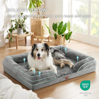 Brown Waterproof Egg-Crate Foam Therapeutic Pet Sofa Bed and Fleece Lounge (L Size 91 x 69 x 17 CM) - Low Entry, High Bolster Support & Zipper Removable Cover