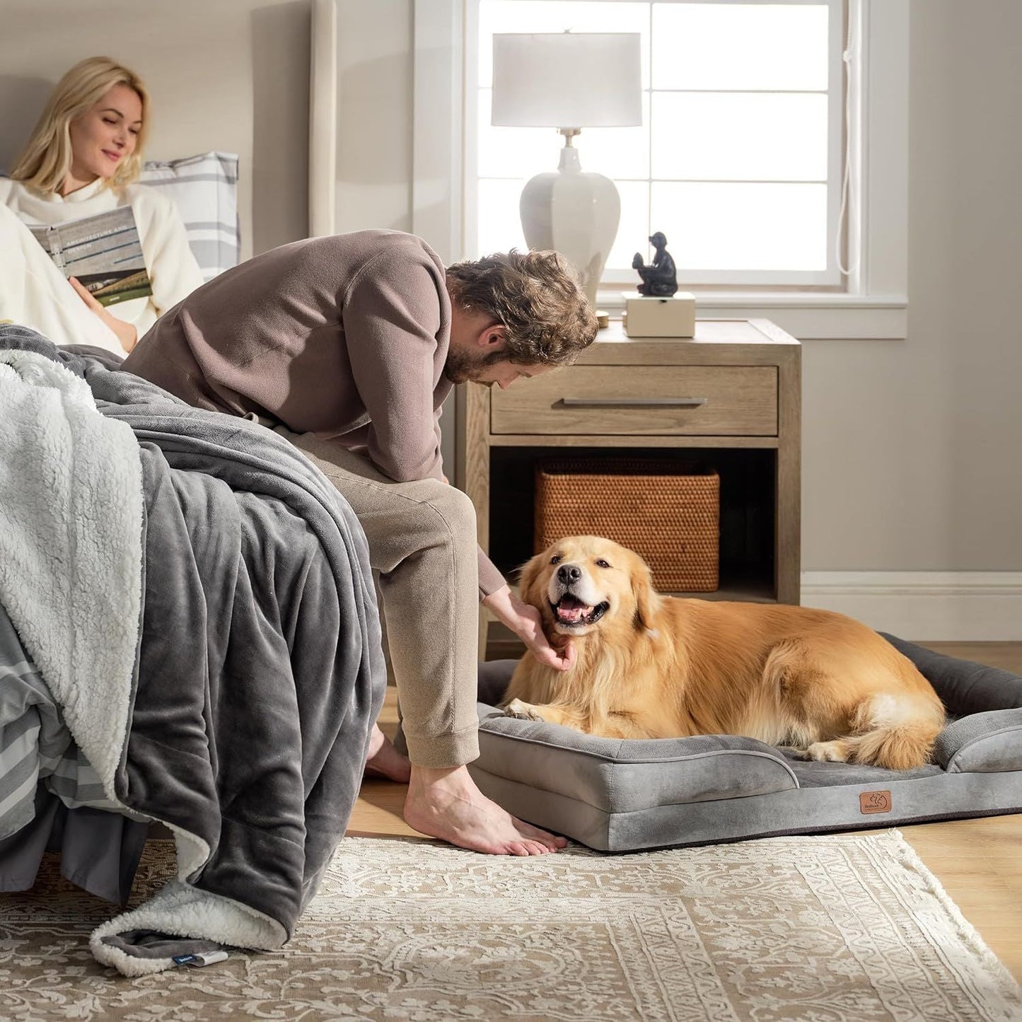 Brown Waterproof Egg-Crate Foam Therapeutic Pet Sofa Bed and Fleece Lounge (L Size 91 x 69 x 17 CM) - Low Entry, High Bolster Support & Zipper Removable Cover