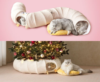 White Cute Foldable Cat Tunnel Bed with Dual-Zipper Detachable & Connectable Design - 2-in-1 Versatile Circular Doughnut Nest & S-Curve Play Center, Easy Fold-Away Storage (85x85x26CM)