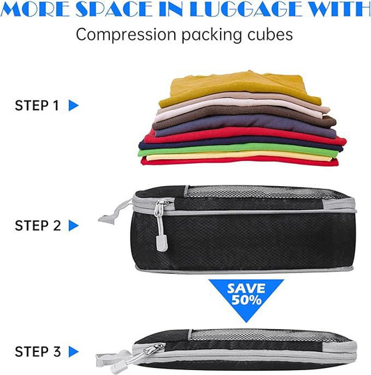 Pink Waterproof Travel Compression Packing Cube Set of 5 Sizes with Carry Handles - 50% Space Saving Breathable Nylon Luggage Organizer