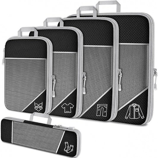 Black Waterproof Travel Compression Packing Cube Set of 5 Sizes with Carry Handles - 50% Space Saving Breathable Nylon Luggage Organizer