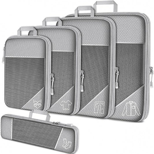 Grey Waterproof Travel Compression Packing Cube Set of 5 Sizes with Carry Handles - 50% Space Saving Breathable Nylon Luggage Organizer