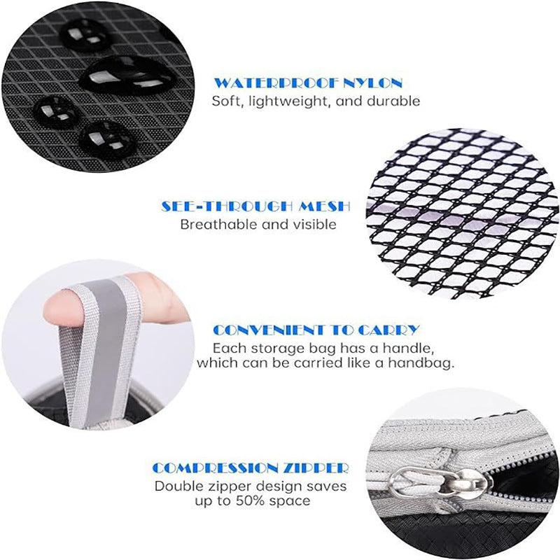 Blue Waterproof Travel Compression Packing Cube Set of 5 Sizes with Carry Handles - 50% Space Saving Breathable Nylon Luggage Organizer
