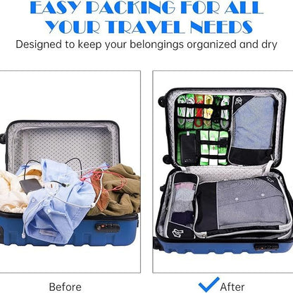 Blue Waterproof Travel Compression Packing Cube Set of 5 Sizes with Carry Handles - 50% Space Saving Breathable Nylon Luggage Organizer