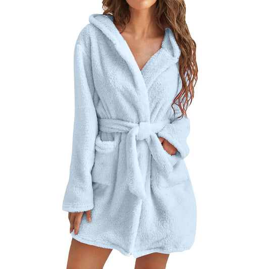 Blue M Size Women's Ultra-Thick Plush Robe with Large Hood & Pockets  - Warm Winter Double-Layer Sherpa Fleece Lounge, Bathrobe & Nightwear