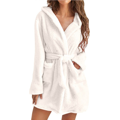 White M Size Women's Ultra-Thick Plush Robe with Large Hood & Pockets  - Warm Winter Double-Layer Sherpa Fleece Lounge, Bathrobe & Nightwear
