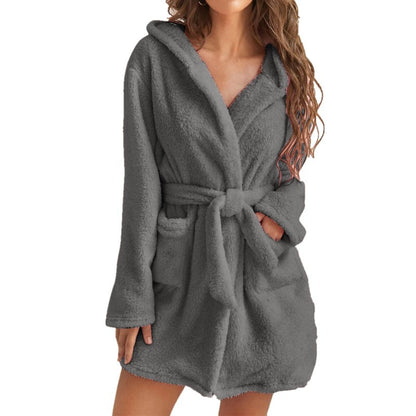 Dark Grey 5XL Size Women's Ultra-Thick Plush Robe with Large Hood & Pockets  - Warm Winter Double-Layer Sherpa Fleece Lounge, Bathrobe & Nightwear