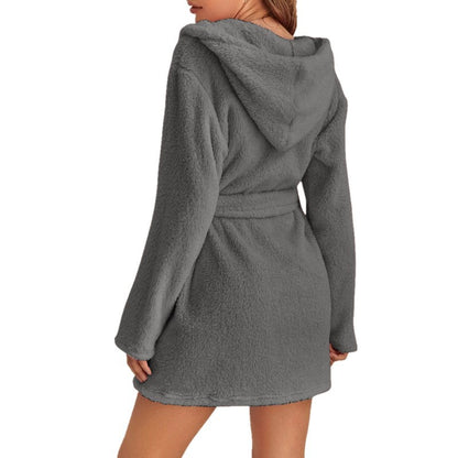 Dark Grey 5XL Size Women's Ultra-Thick Plush Robe with Large Hood & Pockets  - Warm Winter Double-Layer Sherpa Fleece Lounge, Bathrobe & Nightwear