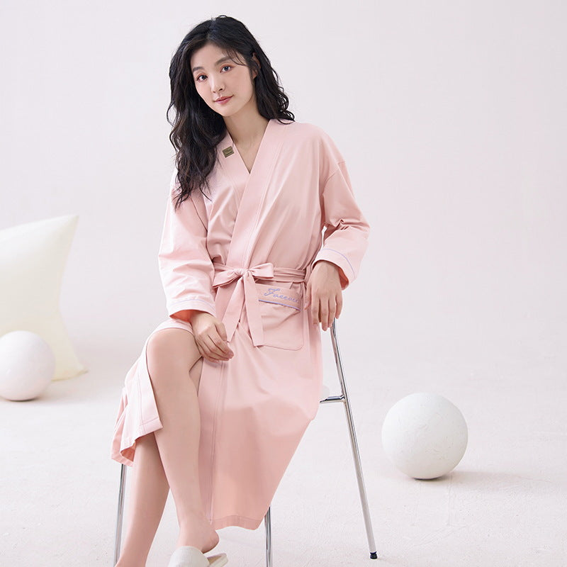 Pink  XL size Women's Cotton Robe — Autumn/Winter Bathrobe & Morning Gown | Long Sleeve, Mid-Length, Plus Size | Loose, Comfortable, and Machine Washable | Suitable for All Seasons