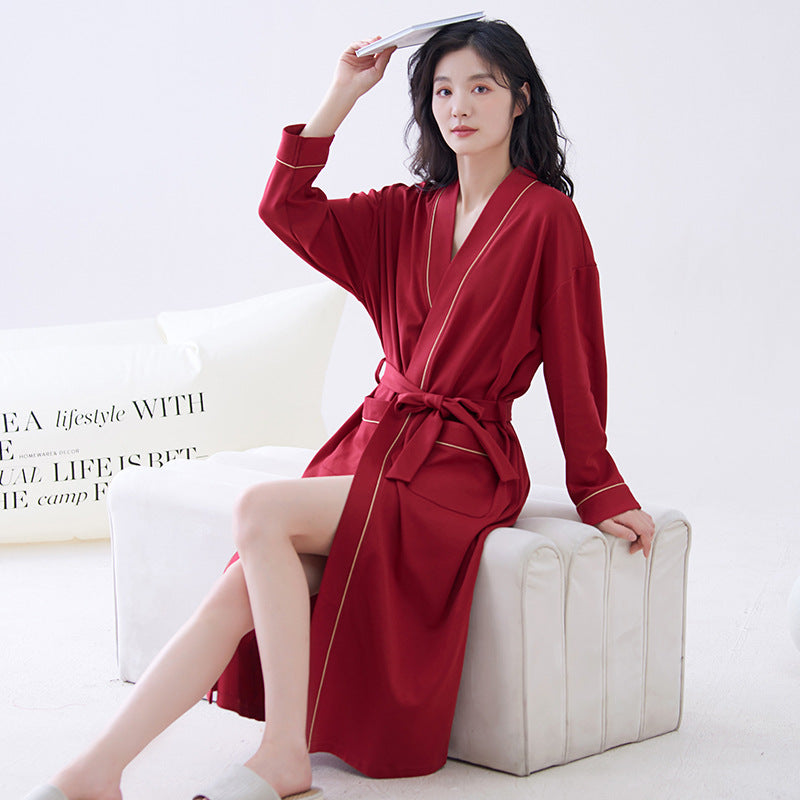 Red M size Women's Cotton Robe — Autumn/Winter Bathrobe & Morning Gown | Long Sleeve, Mid-Length, Plus Size | Loose, Comfortable, and Machine Washable | Suitable for All Seasons