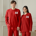 2-Piece Red Warm and Comfortable Flannel Couple Pajamas – Knitted Number Pattern, Soft Fleece Material, Pullover Style, Perfect for Autumn and Winter at Home