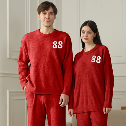 2-Piece Red Warm and Comfortable Flannel Couple Pajamas – Knitted Number Pattern, Soft Fleece Material, Pullover Style, Perfect for Autumn and Winter at Home