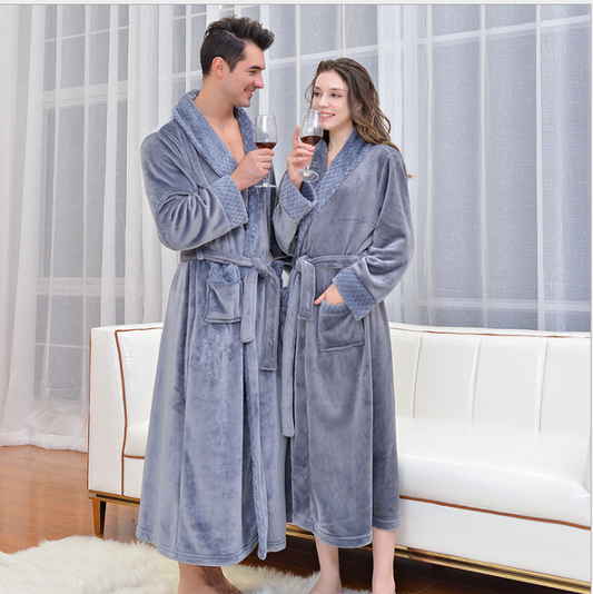 Grey M size Plush Flannel Robe for Couples - Thickened Warm Bathrobe with Shawl Collar, Soft Fleece Material, Unisex Long Style for Winter Home Wear