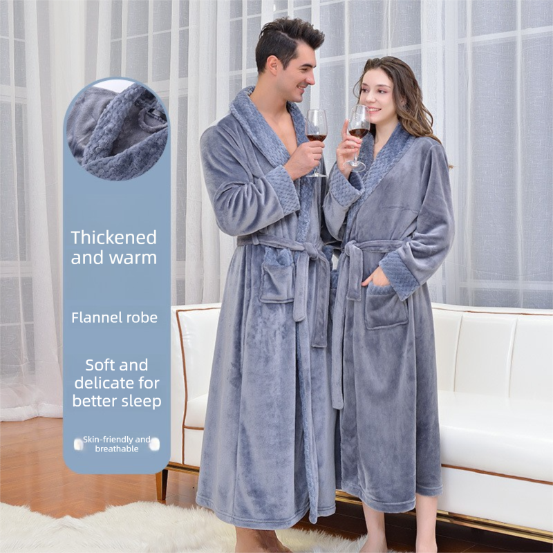 Pink L size Plush Flannel Robe for Couples - Thickened Warm Bathrobe with Shawl Collar, Soft Fleece Material, Unisex Long Style for Winter Home Wear