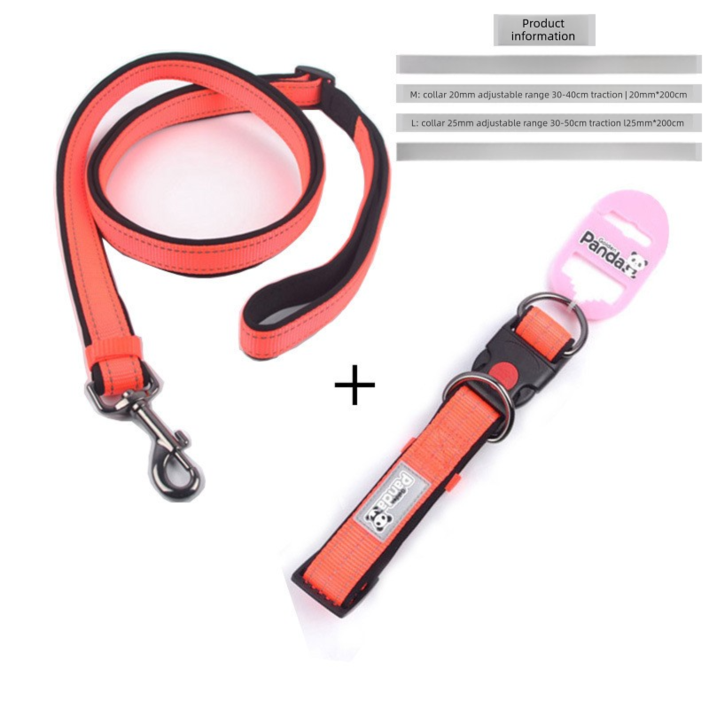 Orange M size Vibrant Reflective Dog Collar and Leash Set - Adjustable Nylon Pet Harness with Comfortable Padding