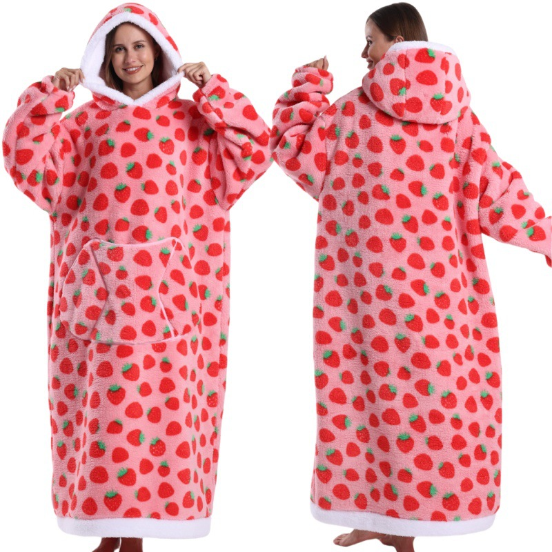 Pink Strawberry Style Oversized Hooded Blanket for Adults - Ultra Soft & Warm Wearable Fleece Throw with Giant Pocket, Perfect for Winter, Christmas & Valentine's Day