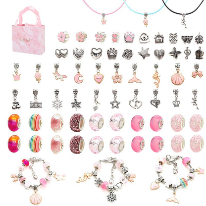 66-Piece Pink Gift Bag Craft Set (Includes Beads, Charms, and Storage Case) -Kids' Unicorn DIY Bracelet Kit – Creative Jewelry Making Gift for Girls Ages 3+