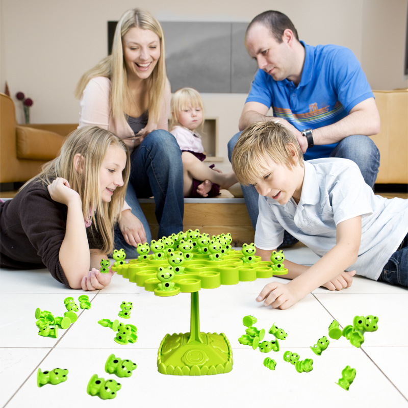 Green  Frog Balance Tree Stacking Game - 50PCS Two-Player Balance Board Game with Challenge Spinner, Desktop Puzzle Toy for Preschool Kids Hand-Eye Coordination Development