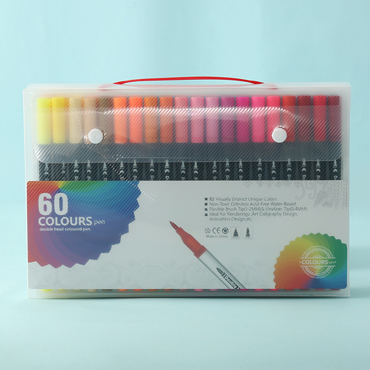 Black  60 COLOURS Dual-Tip Watercolor Marker Set - Colors Washable Art Pens with Brush & Fine Tips for Kids, Students & Artists
