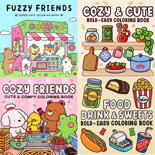 4-Pack Cute & Cozy Coloring Books for Kids, Kawaii Art Therapy Stress Relief Coloring Set with many Healing Illustrations, Mindfulness Drawing Book for Children Teens Ages 3+, Perfect Gift for Relaxation and Creativity【COZY FRIENDS+COZY & CUTE+DRINK& SWEE