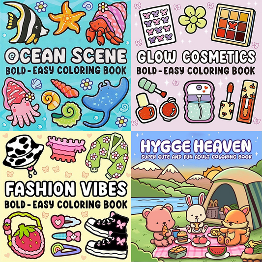 4-Pack Cute & Cozy Coloring Books for Kids, Kawaii Art Therapy Stress Relief Coloring Set with many Healing Illustrations, Mindfulness Drawing Book for Children Teens Ages 3+, Perfect Gift for Relaxation and Creativity【GLOW COSMETICS+FASHION VIBES+CEAN SC